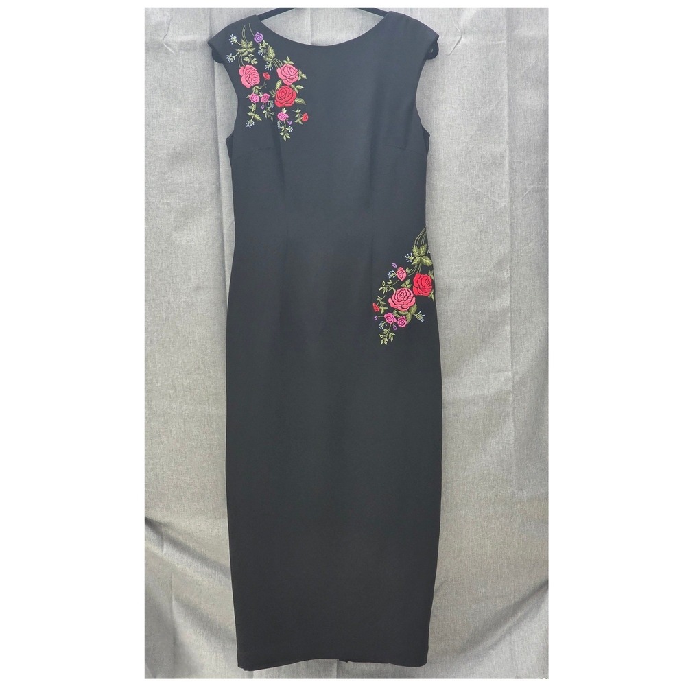 Maggy London Black Floral Embroidered Sheath Dress V-Back Midi Size 8